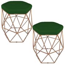 Kit 2 puff decorativos para sala hexagonal aramado base bronze suede verde - clique e decore