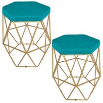 Kit 2 puff decorativos para sala hexagonal aramado base dourada suede azul turquesa - clique e decore