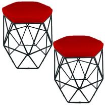 Kit 2 puff decorativos para sala hexagonal aramado base preta suede vermelho - clique e decore