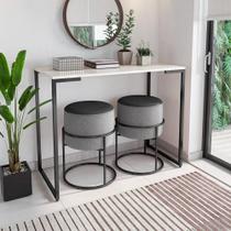 Kit 2 Puff Iron Couro E Linho Cinza Base De Ferro Preto