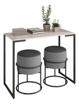 Kit 2 Puff Iron Couro E Linho Cinza Base De Ferro Preto