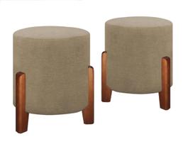 Kit 2 Puff Luxo Pés Em Madeira Luna Banco Decorativo Closet Sala Hall Penteadeira Quarto Premium Linho Bege