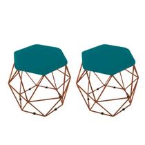 Kit 2 Puff Onix Aramado Base Bronze Hexagonal Azul Turquesa