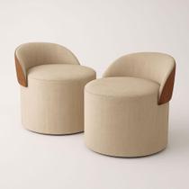 Kit 2 Puff Orgânico Com Encosto Redondo Curvo Confortável Resistente Composé Linho material sintético Linho Bege