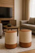 Kit 2 Puff Plus Banquinho Redondo Decorativo em Linho Base e Tampo material sintético Bege/ Caramelo