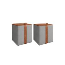 Kit 2 Puff Quadrado Éros Em Couro Cinza Caramelo