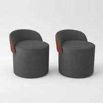 Kit 2 Puff Redondo Curvo Orgânico Com Encosto Confortável Resistente Composé Suede material sintético Suede Cinza Chumbo