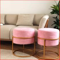 Kit 2 Puff Redondo Iron Veludo Com Base Argola Cobre Cor Rosa
