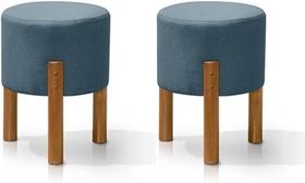 Kit 2 Puff Redondo Luxo Decorativo Charme Thor com Pés de Madeira Linho Azul PC MÓVEIS