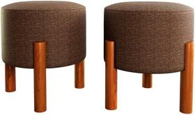 Kit 2 Puff Redondo Luxo Decorativo Charme Thor com Pés de Madeira Linho Marrom - PC MÓVEIS