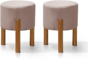Kit 2 Puff Redondo Luxo Decorativo Charme Thor com Pés de Madeira Linho Rose - PC MÓVEIS