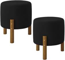 Kit 2 Puff Redondo Luxo Decorativo Charme Thor com Pés de Madeira Suede Preto - PC MÓVEIS Kit 2 Puff Redondo Luxo Decorativo Charme Thor com Pés de Madeira Suede Preto - PC MÓVEIS