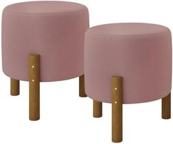 Kit 2 Puff Redondo Luxo Decorativo Charme Thor com Pés de Madeira Suede Rosa - PC MÓVEIS