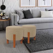 Kit 2 Puff Redondo Luxo Decorativo Zeus com Pés em Madeira Maciça Linho Bege