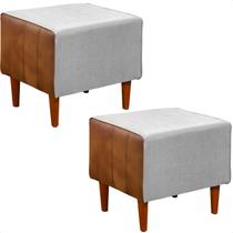 Kit 2 Puff Retangular Alicia Linho Gelo e Corano Nozes Pés Palito Castanho Kit 2 Puff Retangular Alicia Linho Gelo e Corano Nozes Pés Palito Castanho