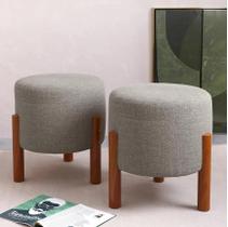 Kit 2 Puff Sala Banquinho Banqueta Linho Luxo Pés Madeira Maciça - Cinza