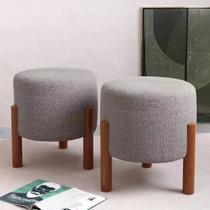 Kit 2 Puff Sala Banquinho Banqueta Linho Luxo Pés Madeira Maciça