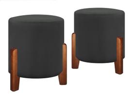 Kit 2 Puff Sala Decoração Moderna Estilo Retrô Pé Madeira Cor Cinza Veludo