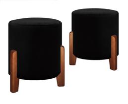 Kit 2 Puff Sala Decoração Moderna Estilo Retrô Pé Madeira Cor Preto Veludo