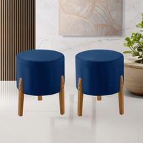 Kit 2 Puff Thor 3 Pés em Veludo Azul Marinho Base em Madeira