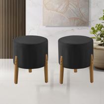 Kit 2 Puff Thor 3 Pés em Veludo Preto Base em Madeira