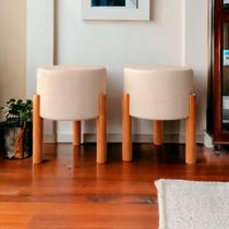 Kit 2 Puff Thor Redondo Decorativo Pé Madeira Linho Bege