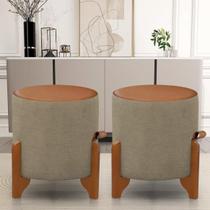 Kit 2 Puff Thor Redondo Em Linho Com material sintético Pés Em Madeira Maciça Decorativo Sala Quarto
