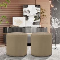 Kit 2 Puff Viena Linho Veludo Redondo Pés Em Madeira Maciça Decorativo Sala Quarto