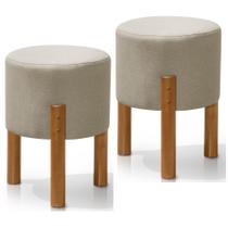 Kit 2 Puffs Banquetas Redondo Pés Em Madeira Thor - Bege