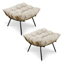 Kit 2 Puffs Costela Suede Bege Base Metálica - Pallazio