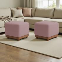 Kit 2 Puffs Dalilla Bouclé Premium Exclusivos Assento Extra Para Sala Quarto Base Peroba Pés Castanho Design Moderno