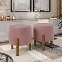 Kit 2 Puffs Decorativo Redondo Banqueta Sala Quarto Escritório Pés Madeira Zuppy - Rose Suede