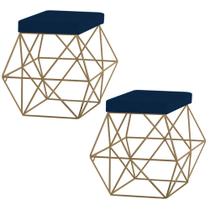 Kit 2 Puffs Decorativo Sala de Estar Base Gold Trixie Veludo Azul G41 - Gran Belo