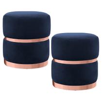 Kit 2 Puffs Decorativos Cinto e Aro Rosê Round B-287 Veludo Marinho - Domi