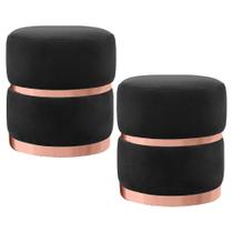 Kit 2 Puffs Decorativos Cinto e Aro Rosê Round B-300 Veludo Preto - Domi Kit 2 Puffs Decorativos Cinto e Aro Rosê Round B-300 Veludo Preto - Domi