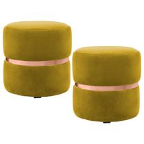 Kit 2 Puffs Decorativos Com Cinto Rosê Round B-279 Veludo Amarelo - Domi