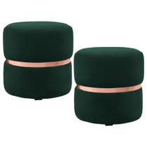 Kit 2 Puffs Decorativos Com Cinto Rosê Round B-303 Veludo Verde Musgo - Domi