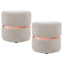 Kit 2 Puffs Decorativos Com Cinto Rosê Round B-309 Veludo Bege Claro - Domi