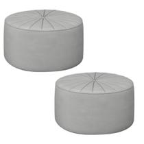 Kit 2 Puffs Decorativos Sala De Estar Round Veludo Cinza Claro G45 - Gran Belo