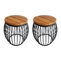 Kit 2 Puffs Garden Seat em Aluminio Preto e Madeira Maciça - Médio