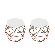 kit 2 Puffs Onix Aramado Base Bronze Hexagonal Suede Branco