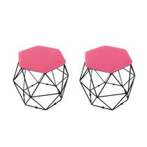 kit 2 Puffs Onix Aramado Base Preto Hexagona Tecido Sintético Cor: Rosa Pink