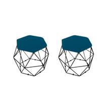 kit 2 Puffs Onix Aramado Base Preto Hexagonal Azul Royal