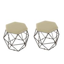 kit 2 Puffs Onix Aramado Base Preto Hexagonal Suede Bege