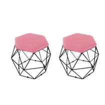 kit 2 Puffs Onix Aramado Base Preto Hexagonal Suede Rosa