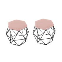 kit 2 Puffs Onix Aramado Base Preto Hexagonal Veludo Rose