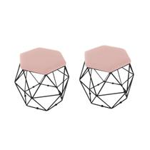 kit 2 Puffs Onix Aramado Base Preto Hexagonal Veludo Rose