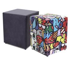 Kit 2 Puffs Quadrados Decorativo 45cm Preto + Estampado