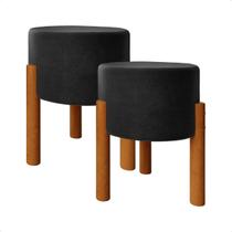 Kit 2 Puffs Redondos em Linho Luxo, Banqueta Decorativa com Pés Palito de Madeira. Ideal para Sala, Quarto, Closet, Rece