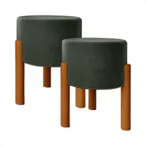 Kit 2 Puffs Redondos em Linho Luxo, Banqueta Decorativa com Pés Palito de Madeira. Ideal para Sala, Quarto, Closet, Rece